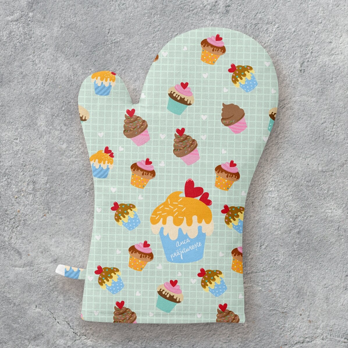 Personalisierter Küchenhandschuh mit Schriftzug – Cupcake