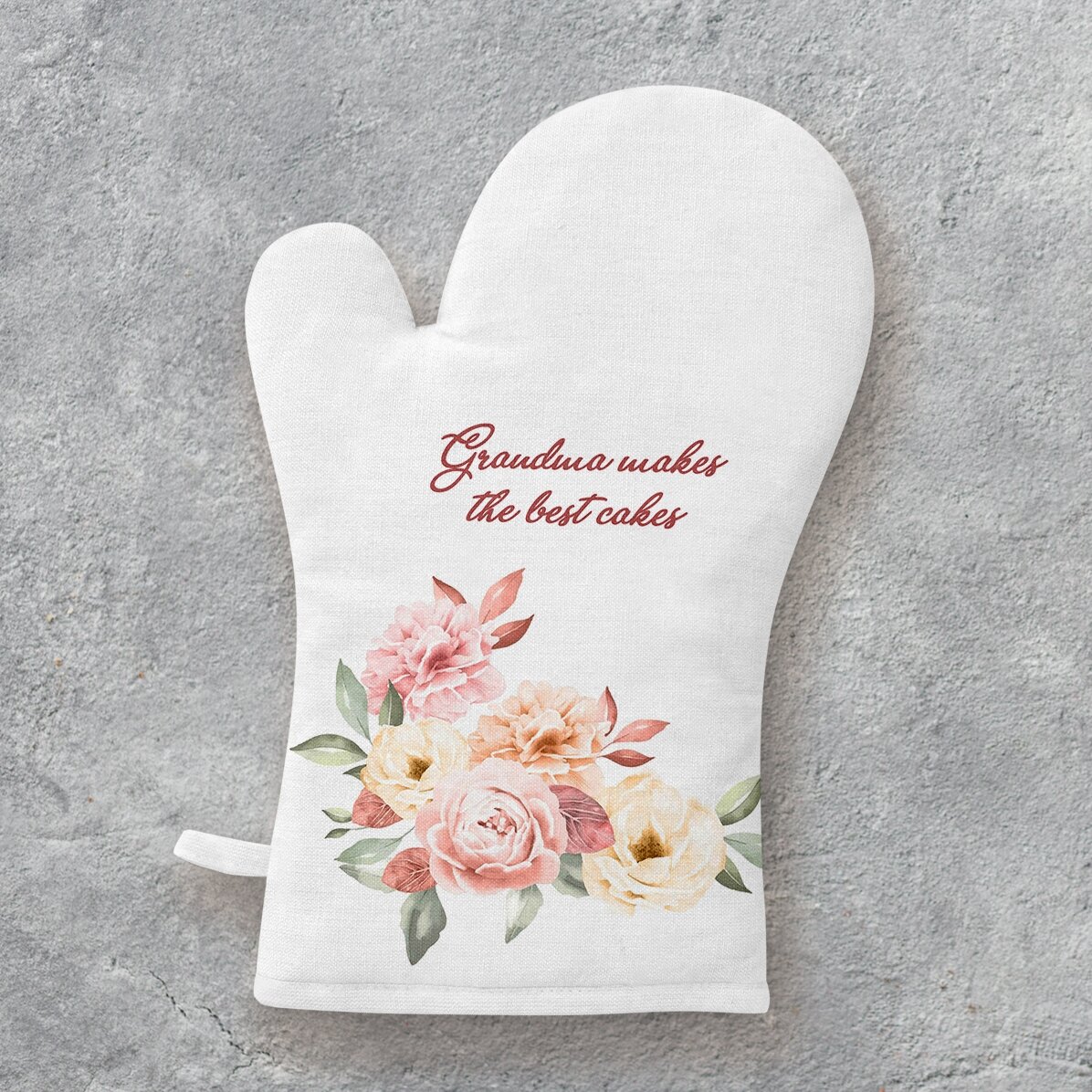 Personalisierter Topflappen mit Schriftzug – „Grandma’s cakes“