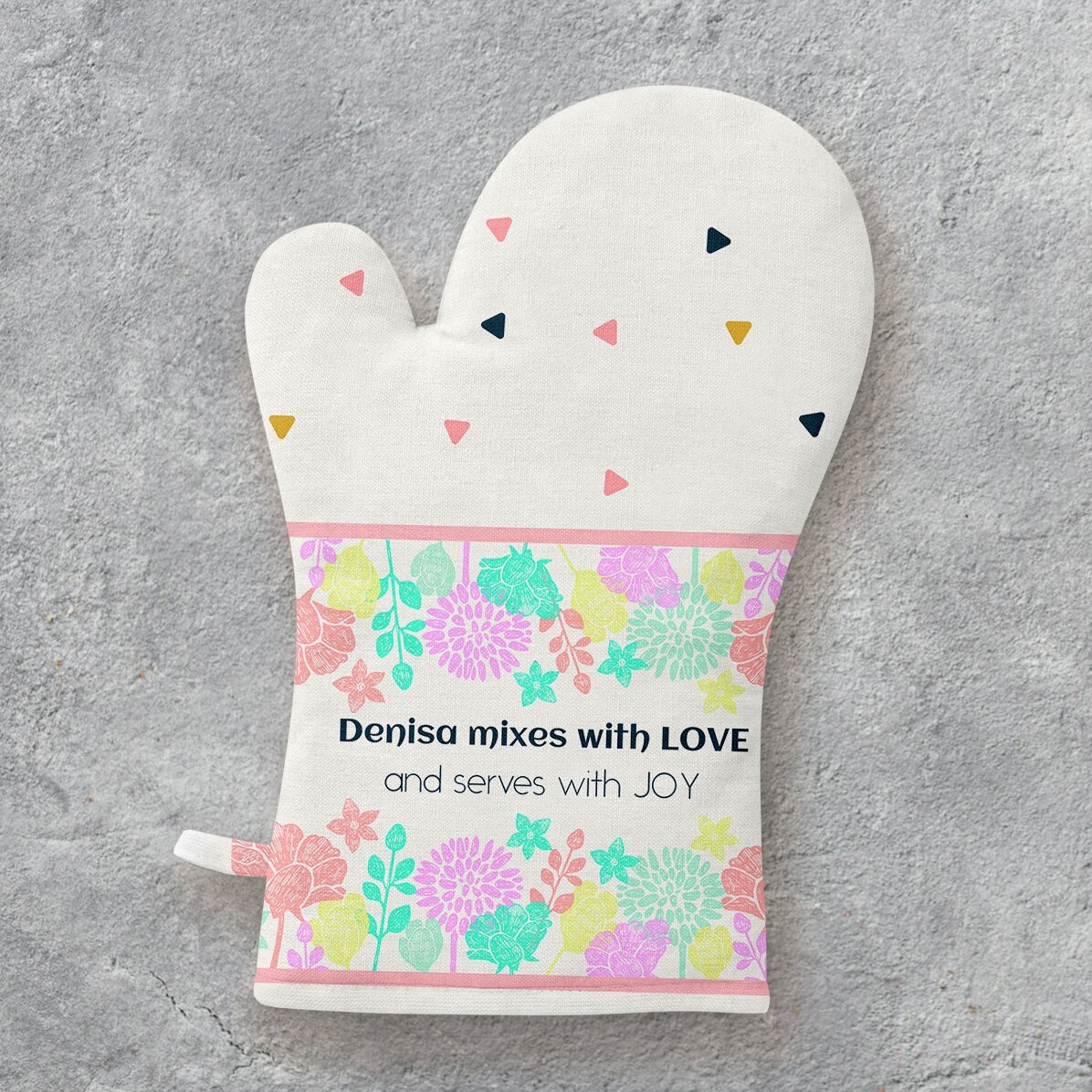 Personalisierter Küchenhandschuh mit Schriftzug – „Mixed with love“