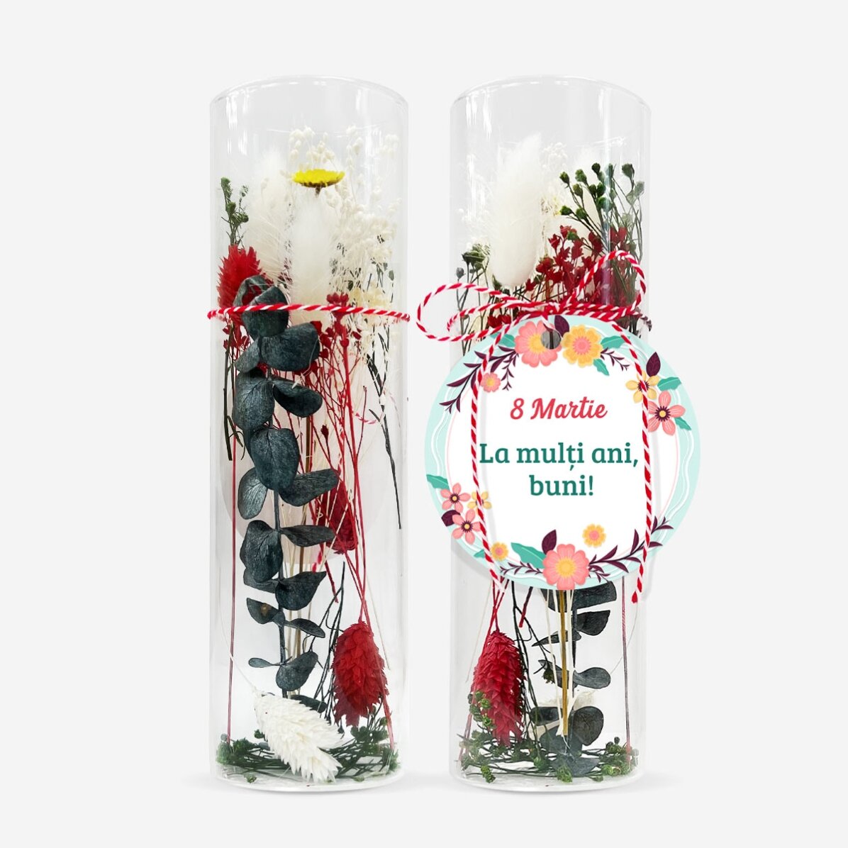Martisor-Ornament aus Glas mit konservierten Blumen, individuell mit einer Botschaft versehen