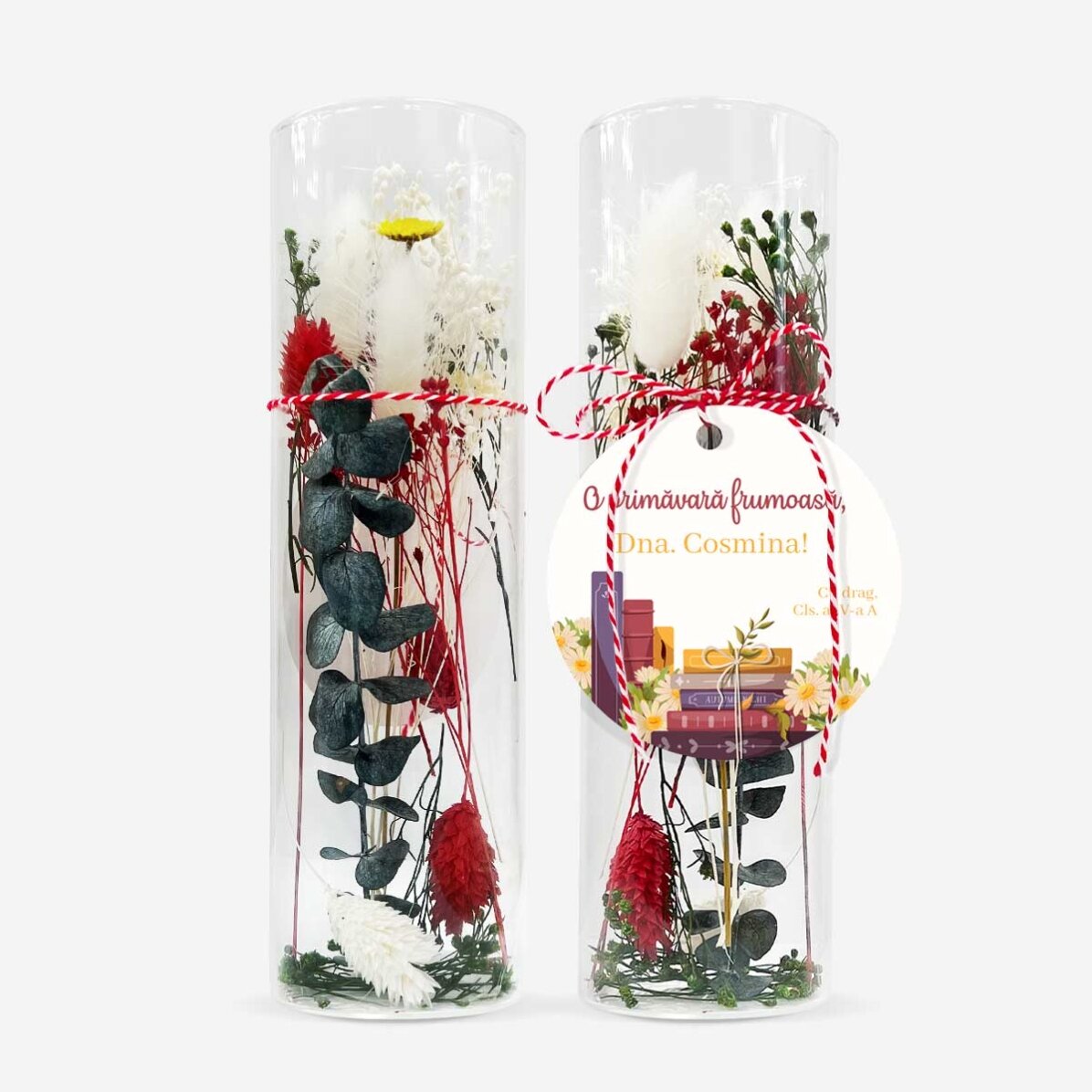 Martisor-Dekoration aus Glas mit konservierten Blumen, individuell mit einem Text für die Lehrerin v