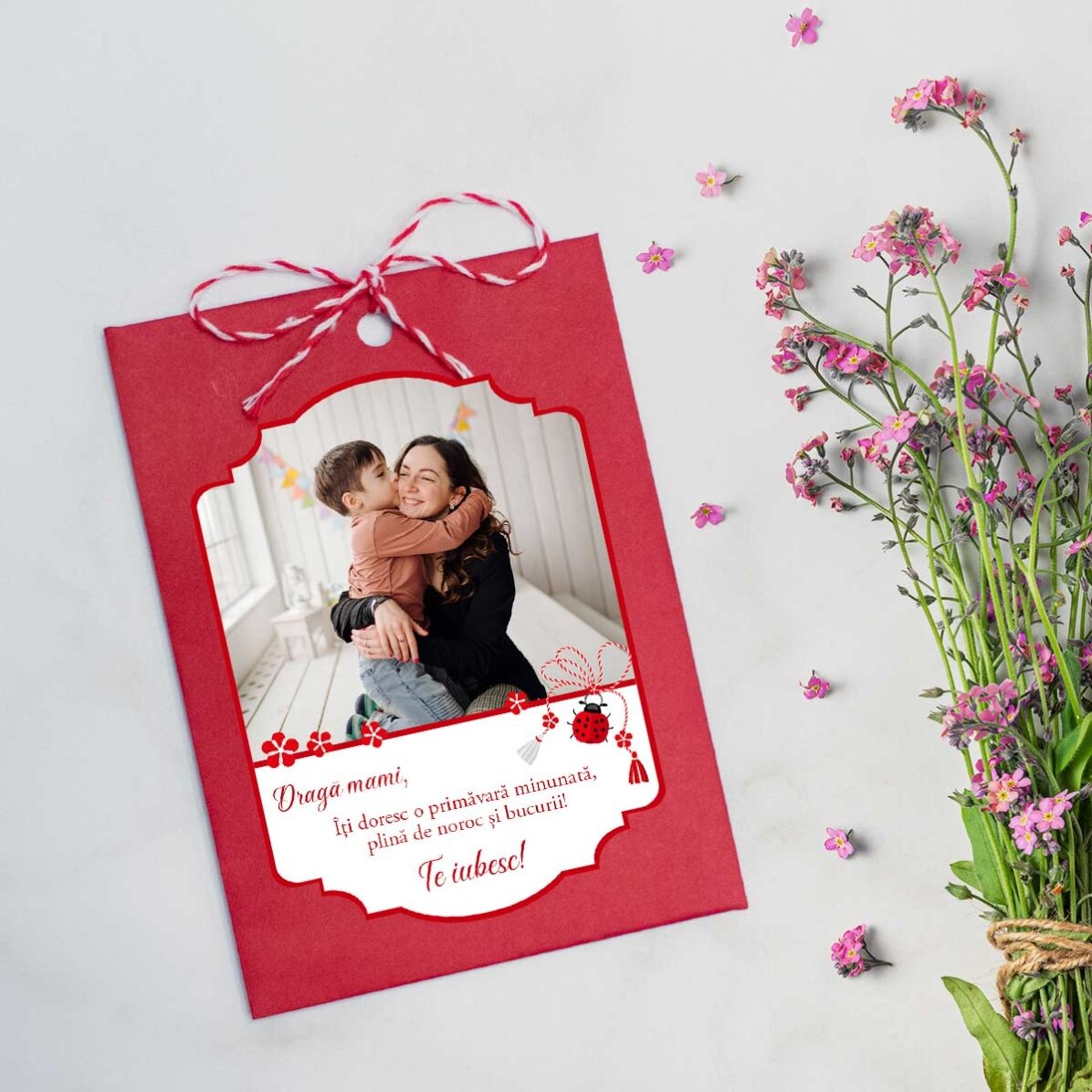 Individuell gestalteter Martisor zum Einpflanzen mit Foto und Botschaft