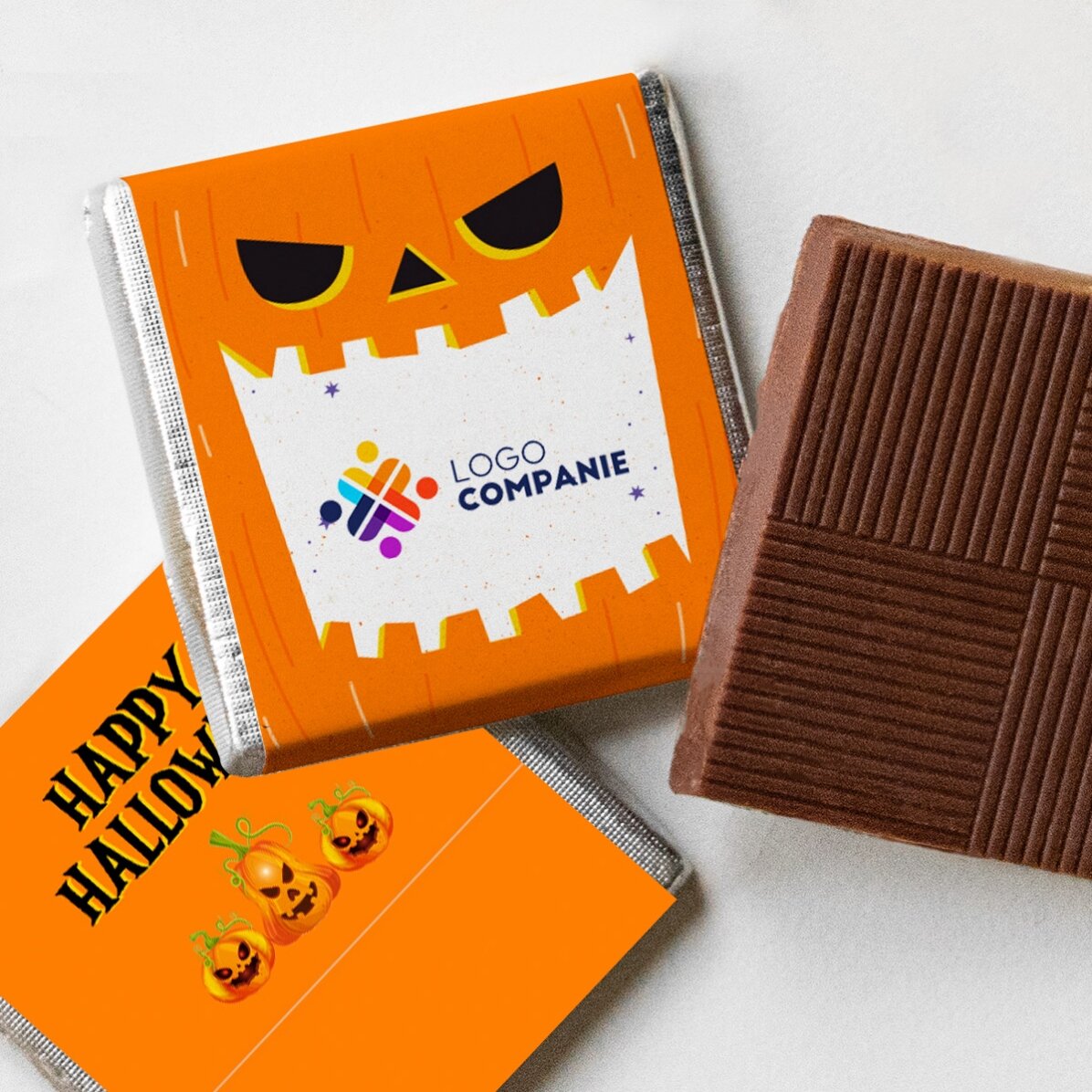 Personalisierte Mini-Schokolade mit Logo und Halloween-Botschaft – Kürbis