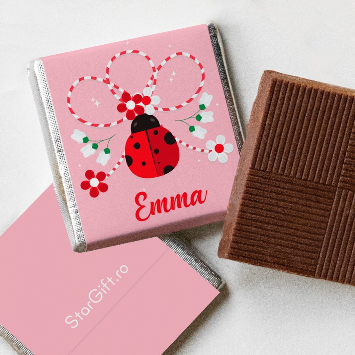 Personalisierte Mini-Schokolade mit dem Namen „Marienkäfer“