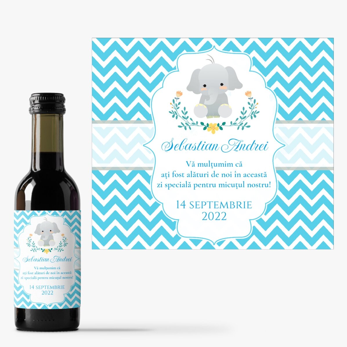 Personalisierte Mini-Weinflasche als Taufgeschenk mit Text – Elefant