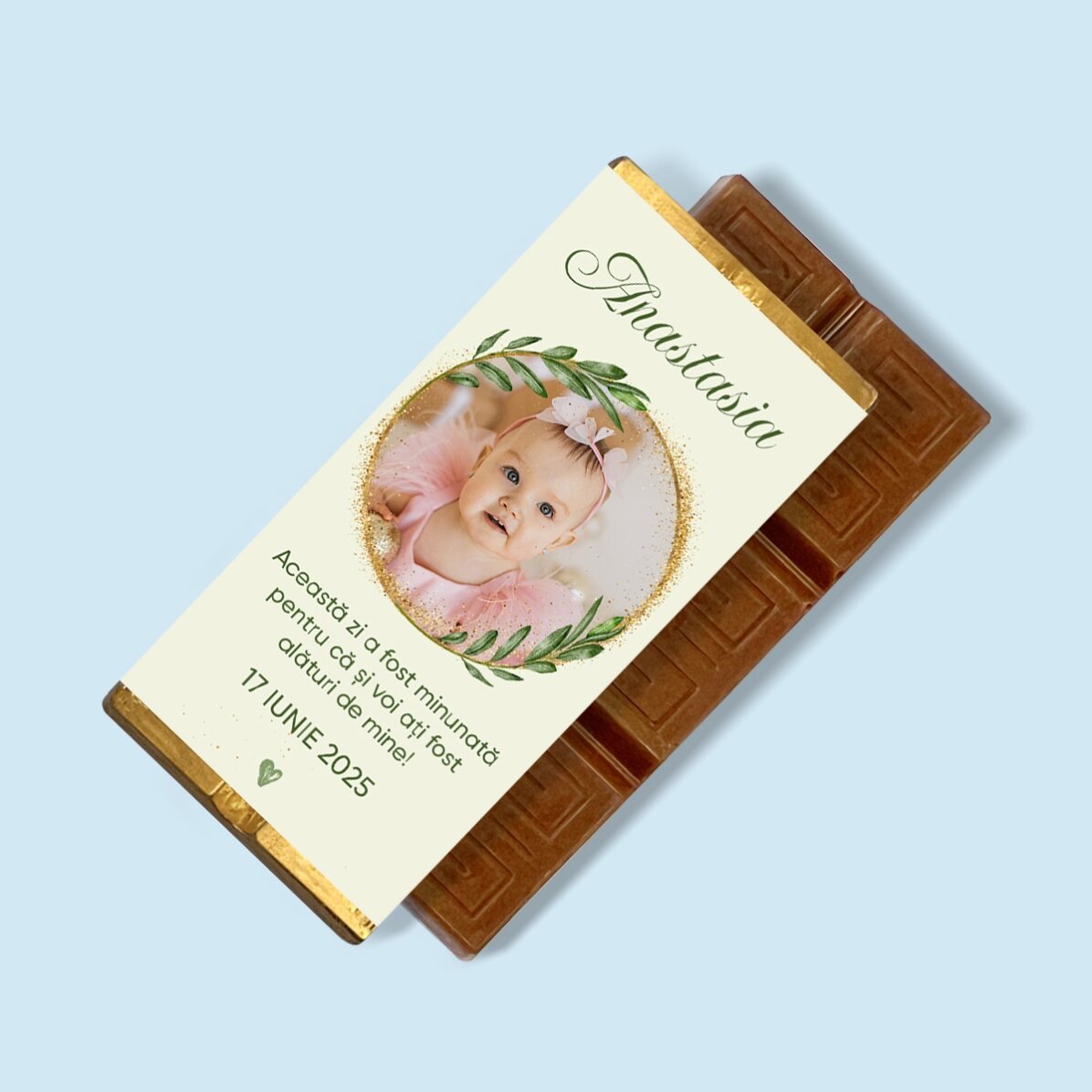 Personalisierte Mini-Schokoladentafel mit Foto und Botschaft zur Taufe