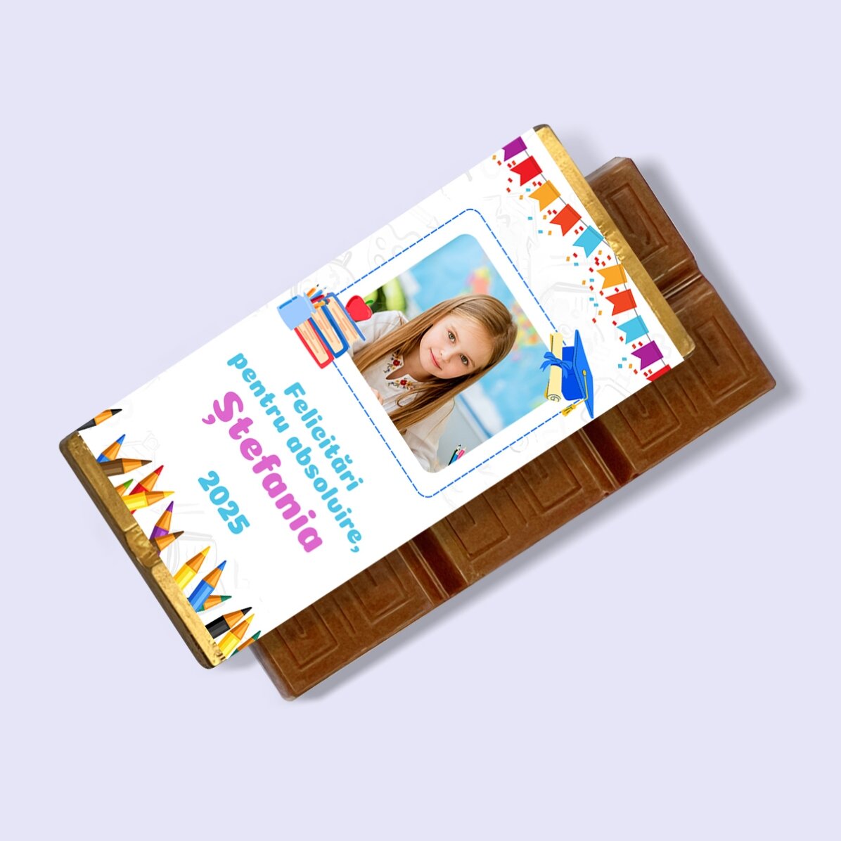 Personalisierte Mini-Schokoladentafel für Kinder mit Foto und Botschaft – Schulabschluss