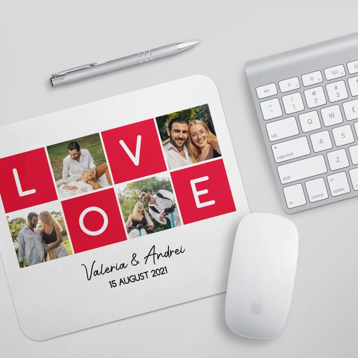 Individuell gestaltetes Mauspad mit 4 Fotos und Text – LOVE