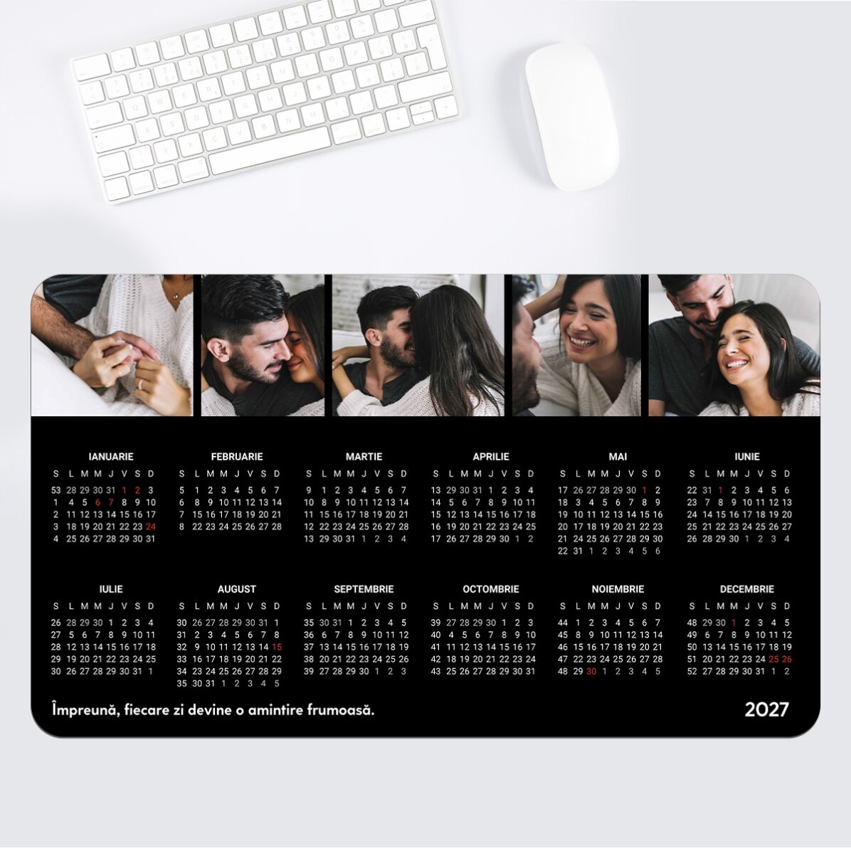 Individuell gestaltetes XXL-Mauspad mit Kalender, 5 Fotos und einer Botschaft