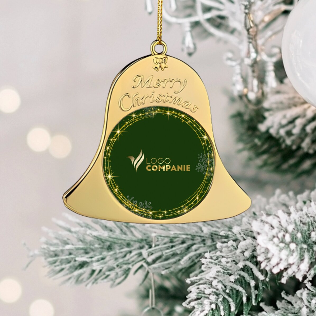 Individuell gestaltete Christbaumkugel – Vorderseite und Rückseite mit Logo – Modell „Glöckchen“