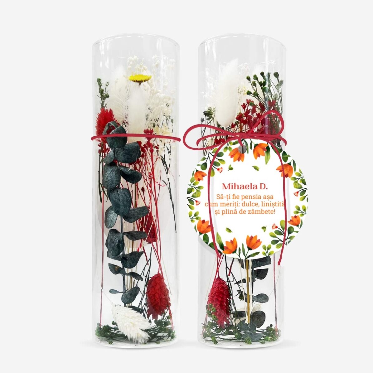 Glasornament mit konservierten Blumen, individuell mit einer Botschaft gestaltet – Ruhestand