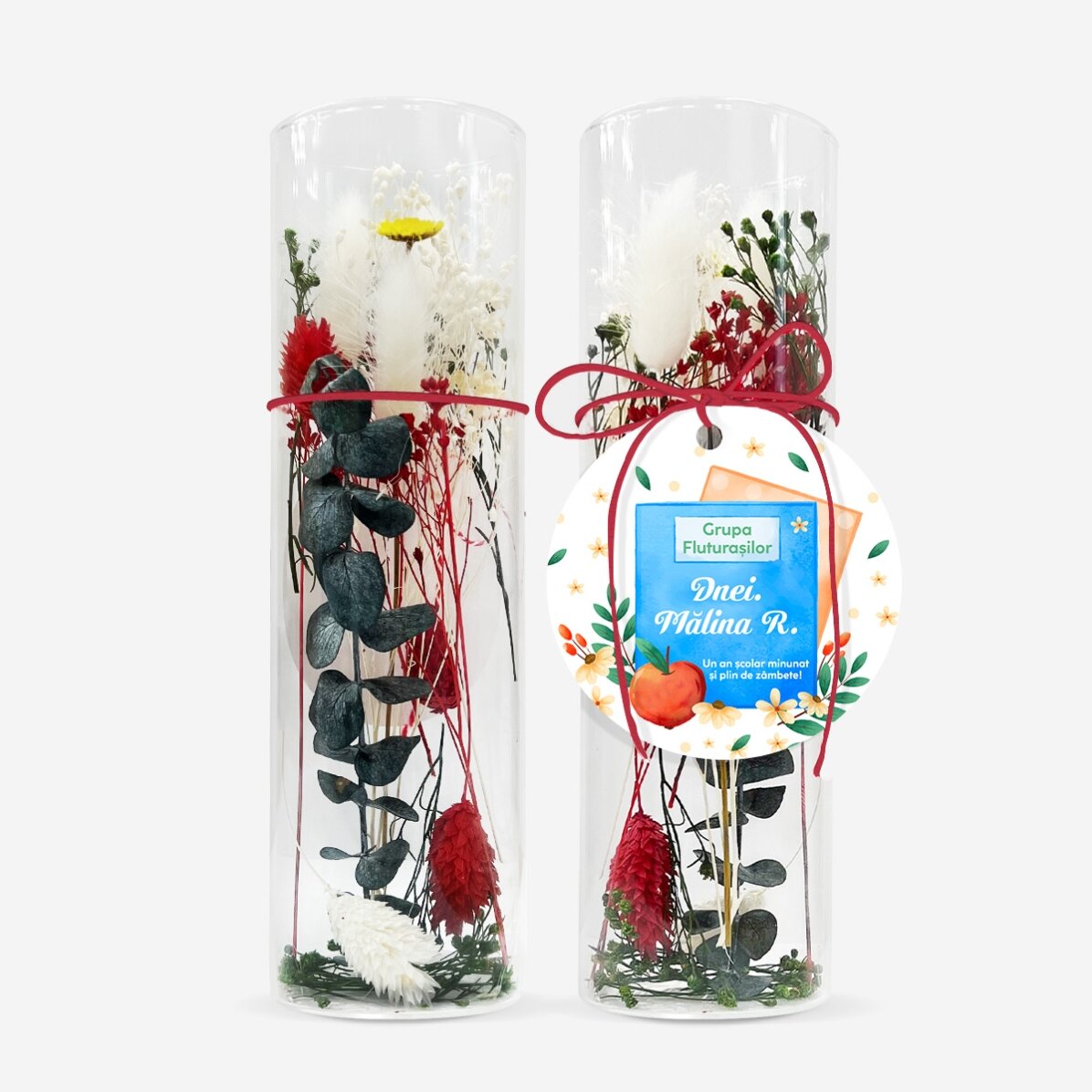 Glasornament mit konservierten Blumen, individuell gestaltet mit einer Botschaft für Lehrerinnen