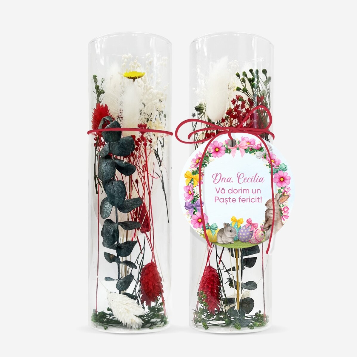 Glasornament mit konservierten Blumen, individuell mit einem Ostertext gestaltet