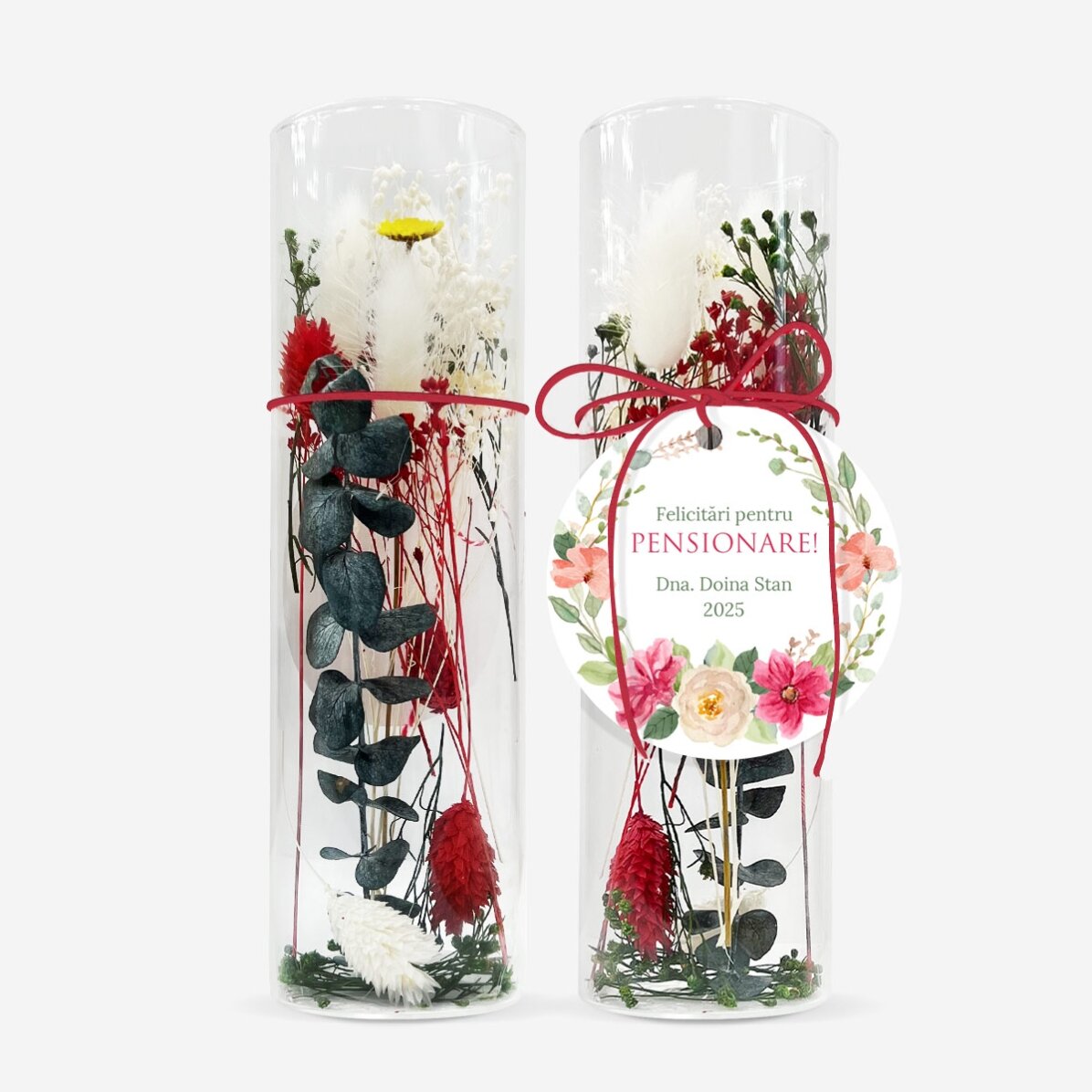 Glasornament mit konservierten Blumen, individuell mit Text gestaltet – Ruhestand