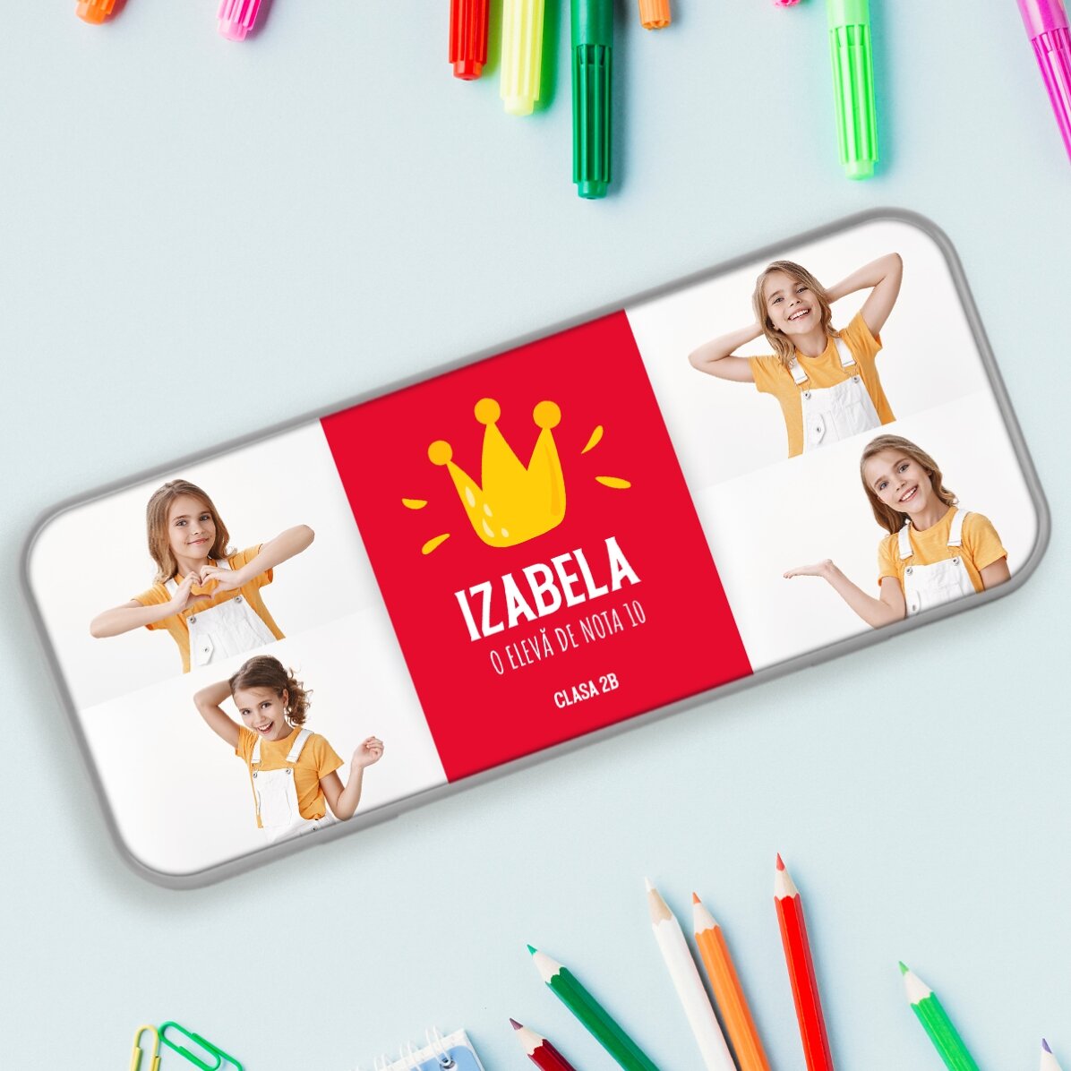 Personalisiertes Federmäppchen mit 4 Fotos und Text – Der beste Schüler
