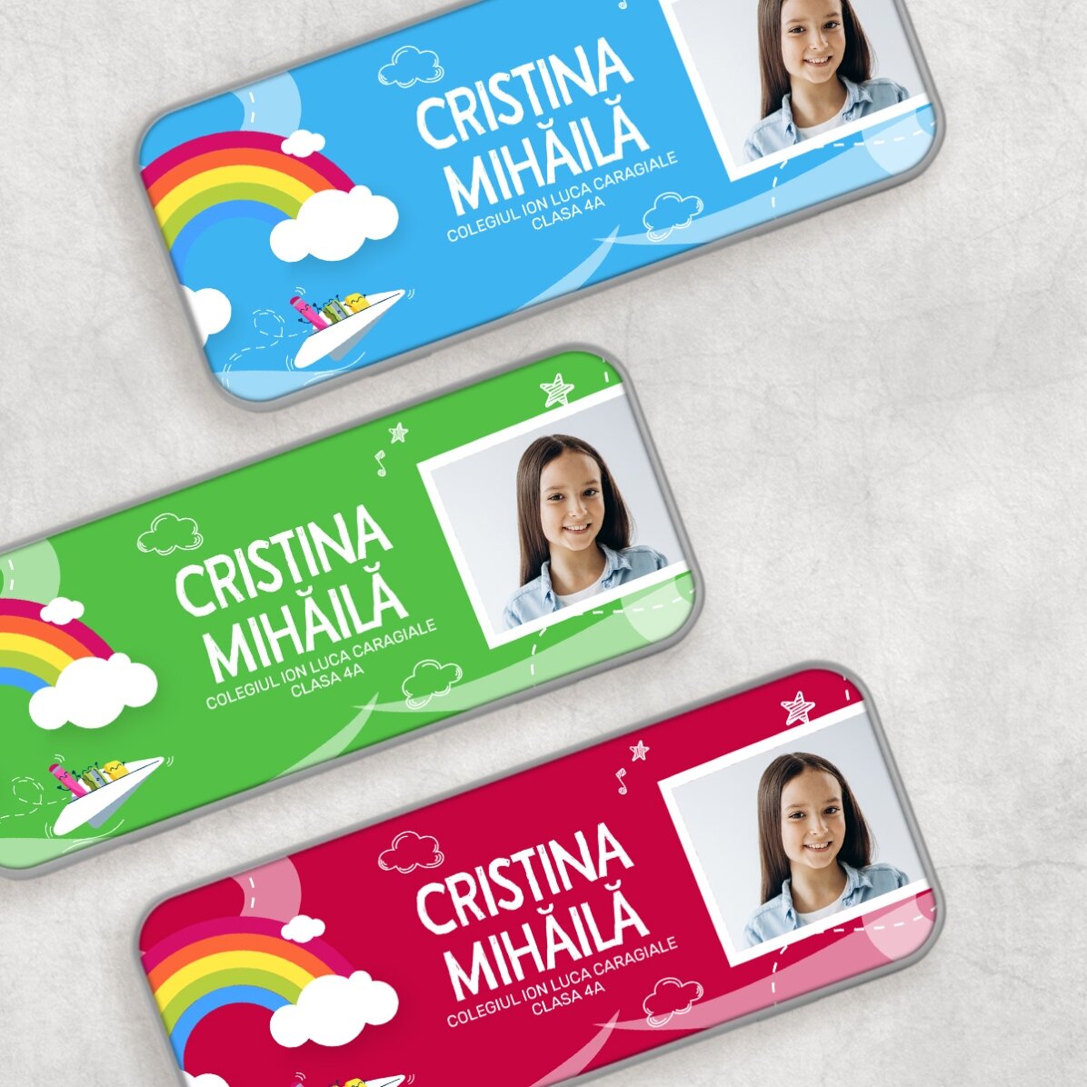 Personalisiertes Federmäppchen mit Foto und Text – Regenbogen-Motiv