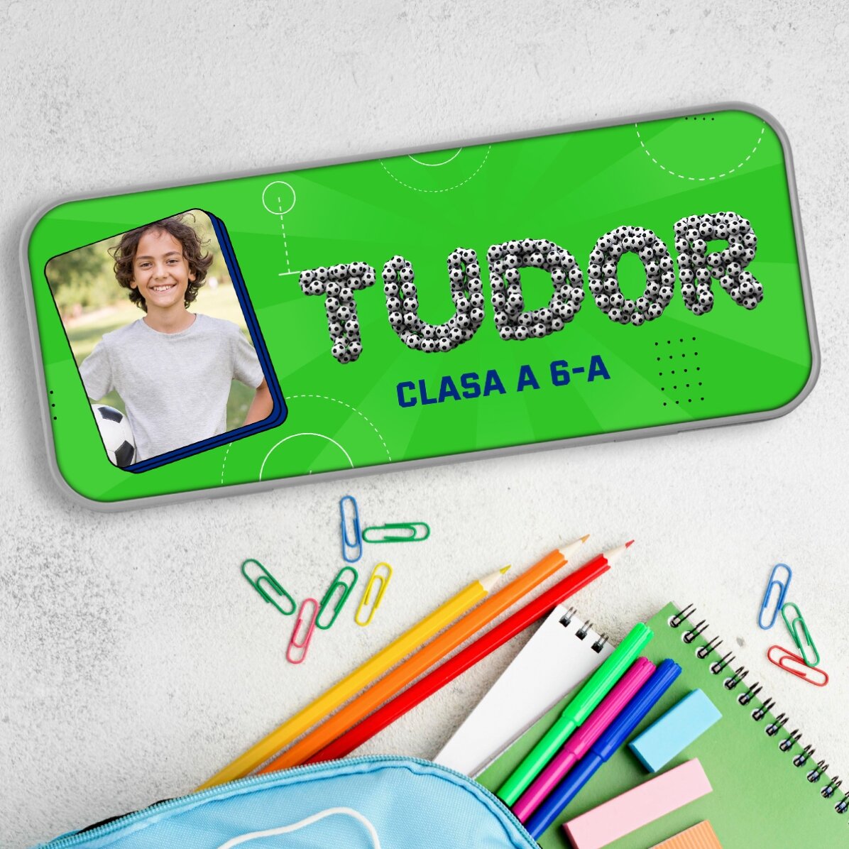 Personalisiertes Federmäppchen mit Foto und Text – Fußball