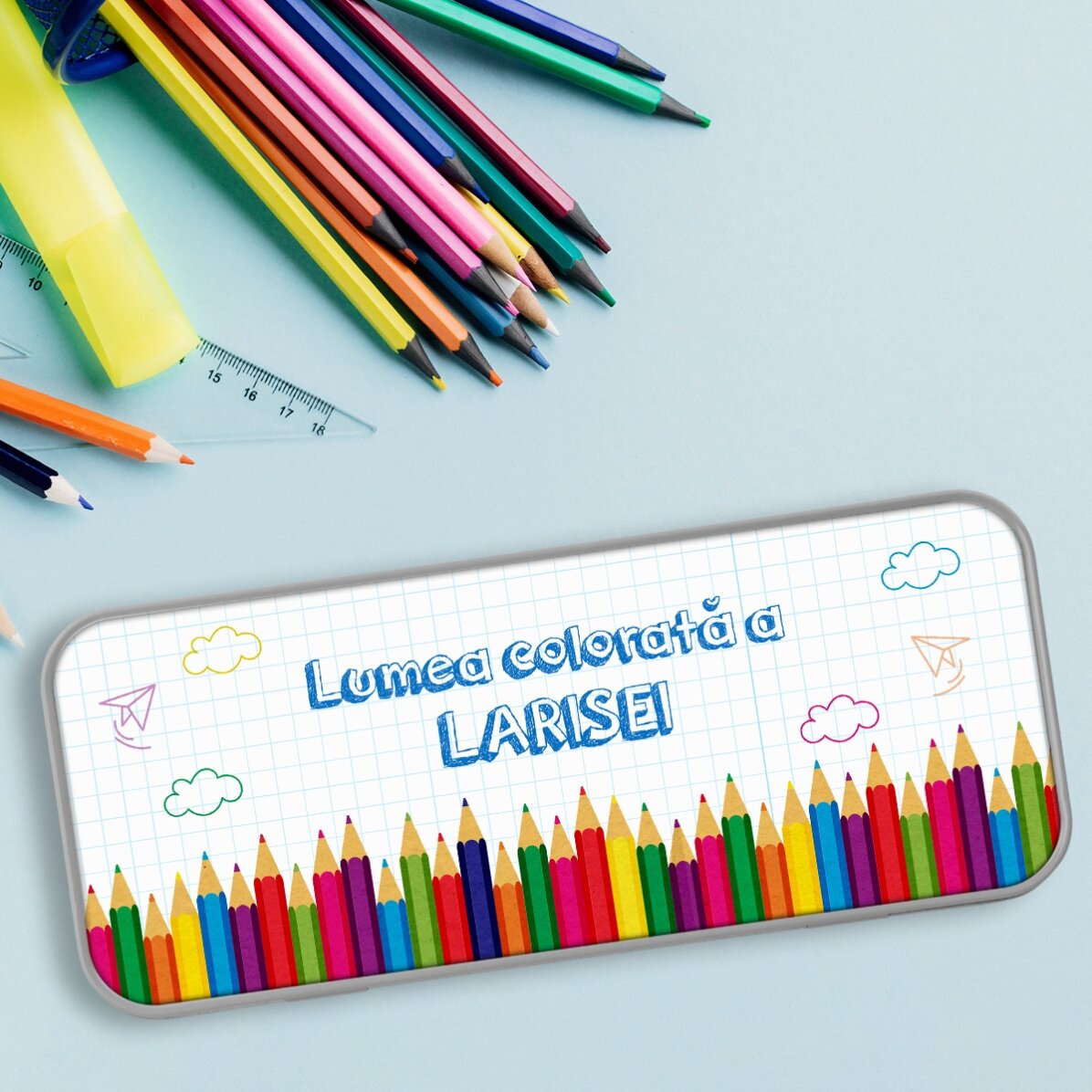 Personalisiertes Federmäppchen mit Text – Eine bunte Welt