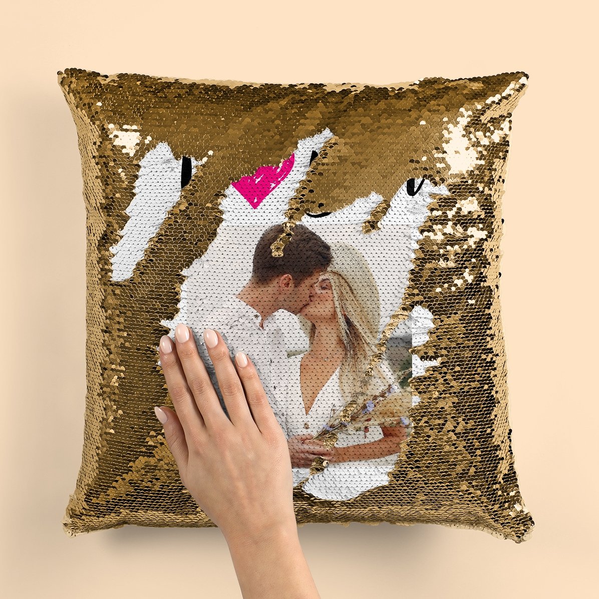 Personalisiertes Kissen mit Pailletten und Foto – I love you