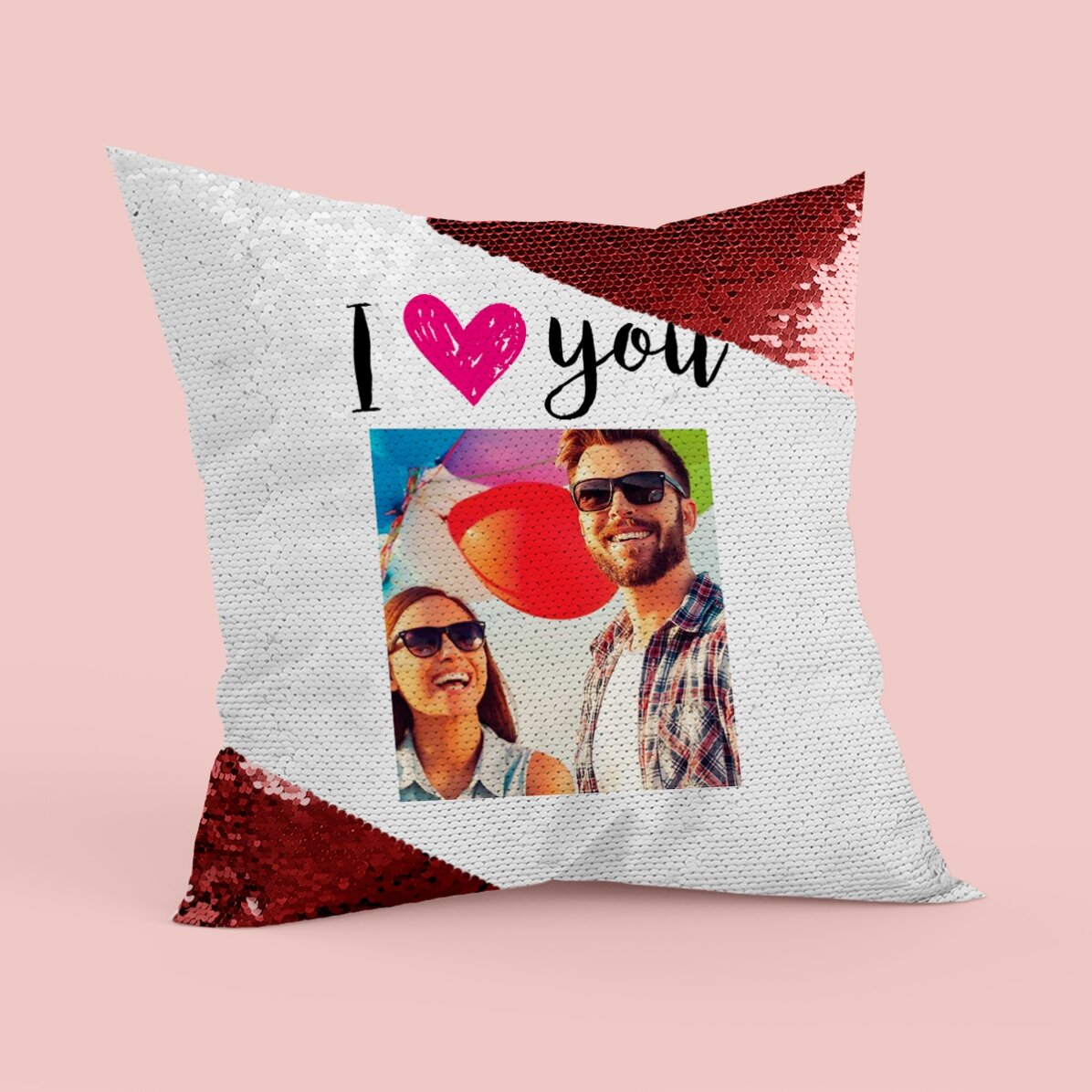 Personalisiertes Kissen mit Pailletten und Foto – I love you