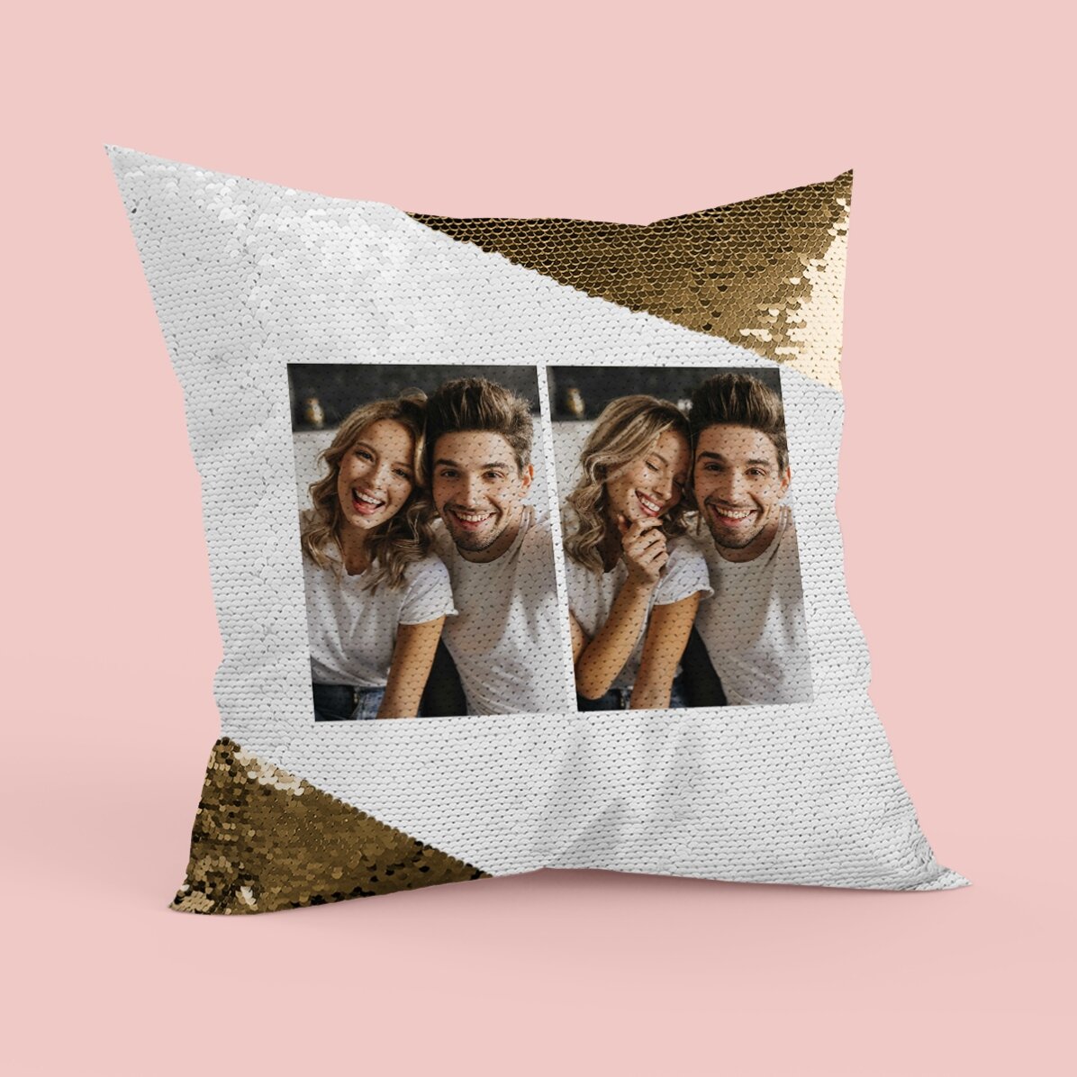 Personalisiertes Kissen mit 2 Porträtfotos – Goldene Pailletten