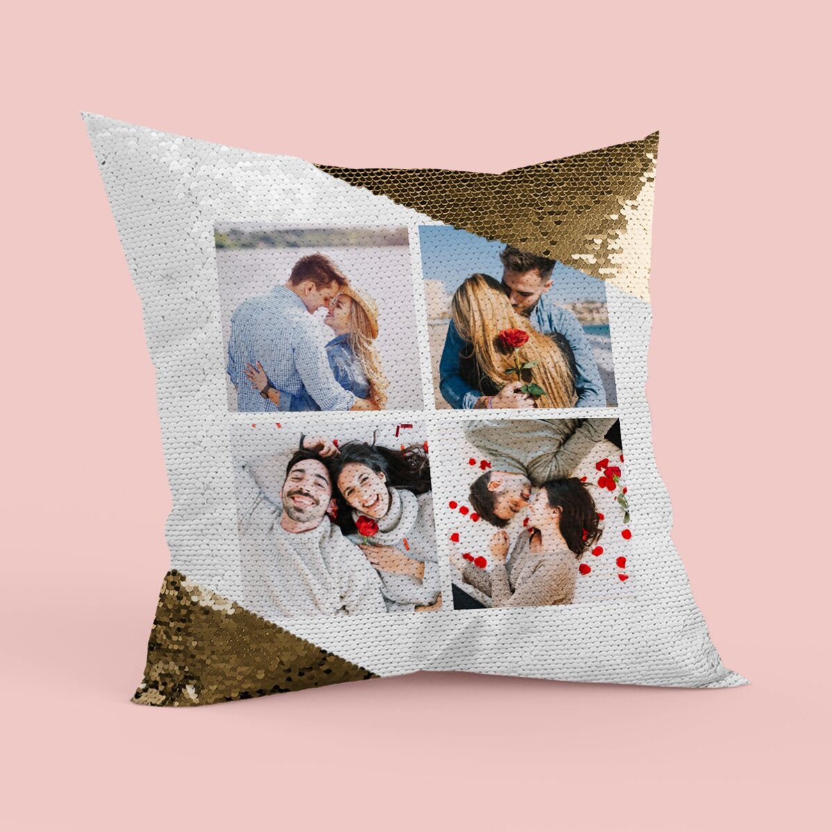 Personalisiertes Kissen mit 4 Fotos – Goldene Pailletten