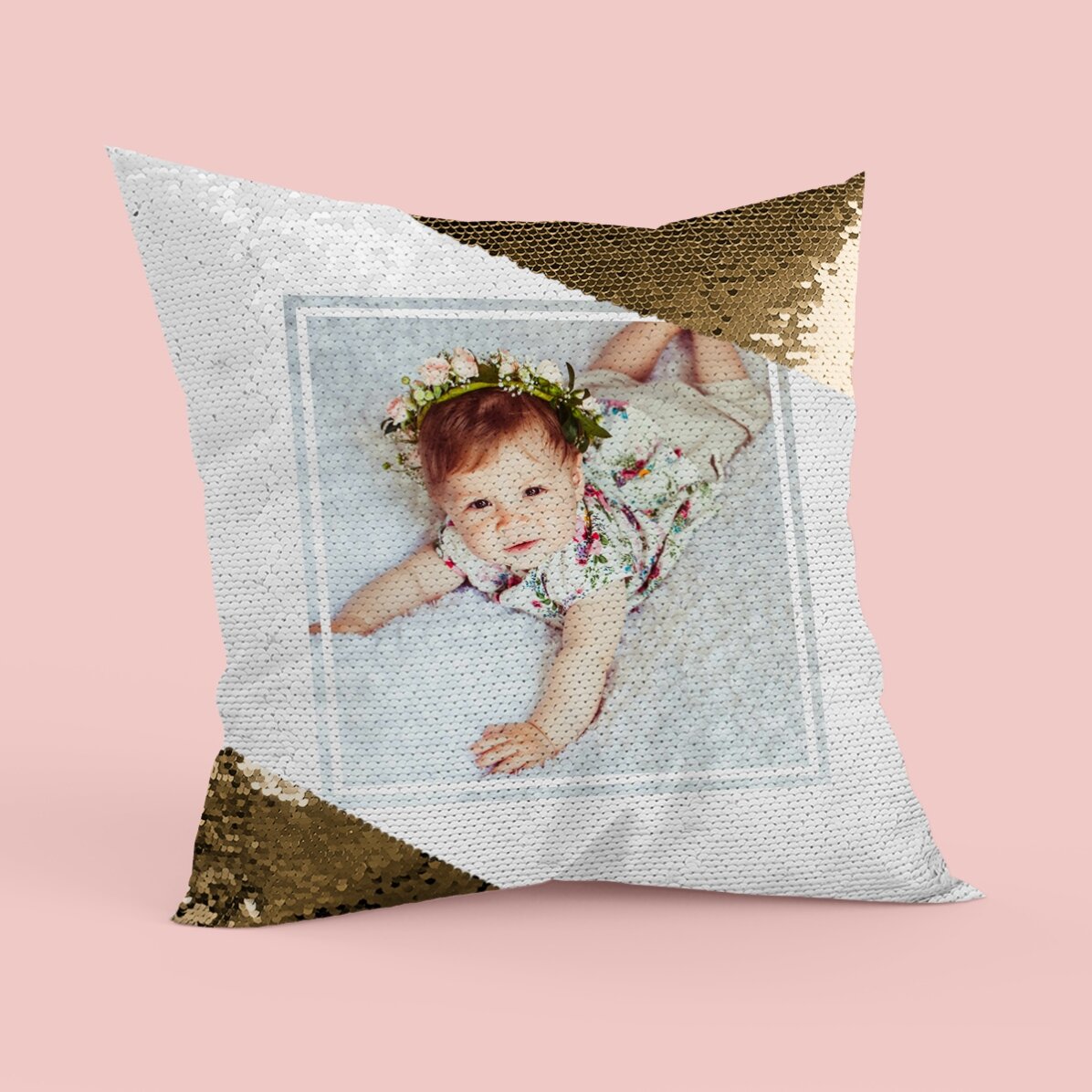 Personalisiertes Kissen mit Foto – Goldene Pailletten
