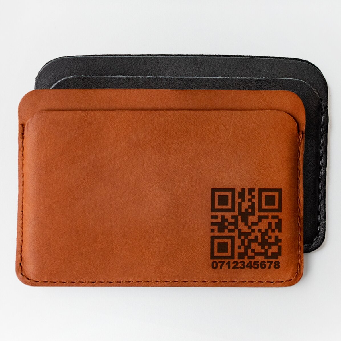 Personalisierte Lederbrieftasche mit QR-Code und Telefonnummer