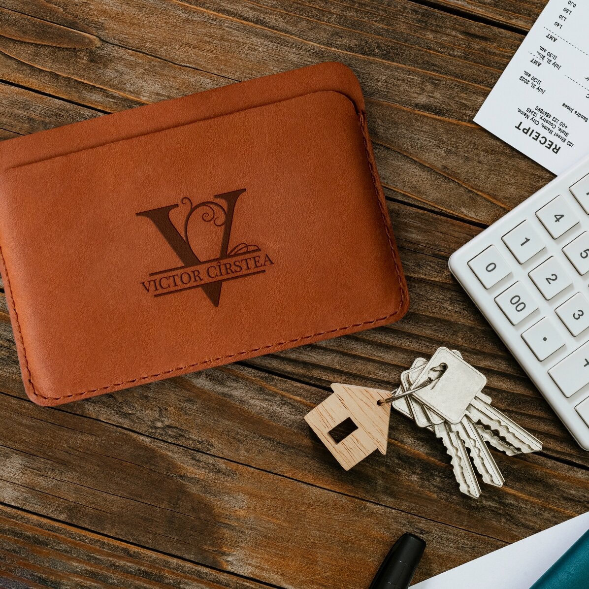 Personalisierte Lederbrieftasche mit Initialen und Namen