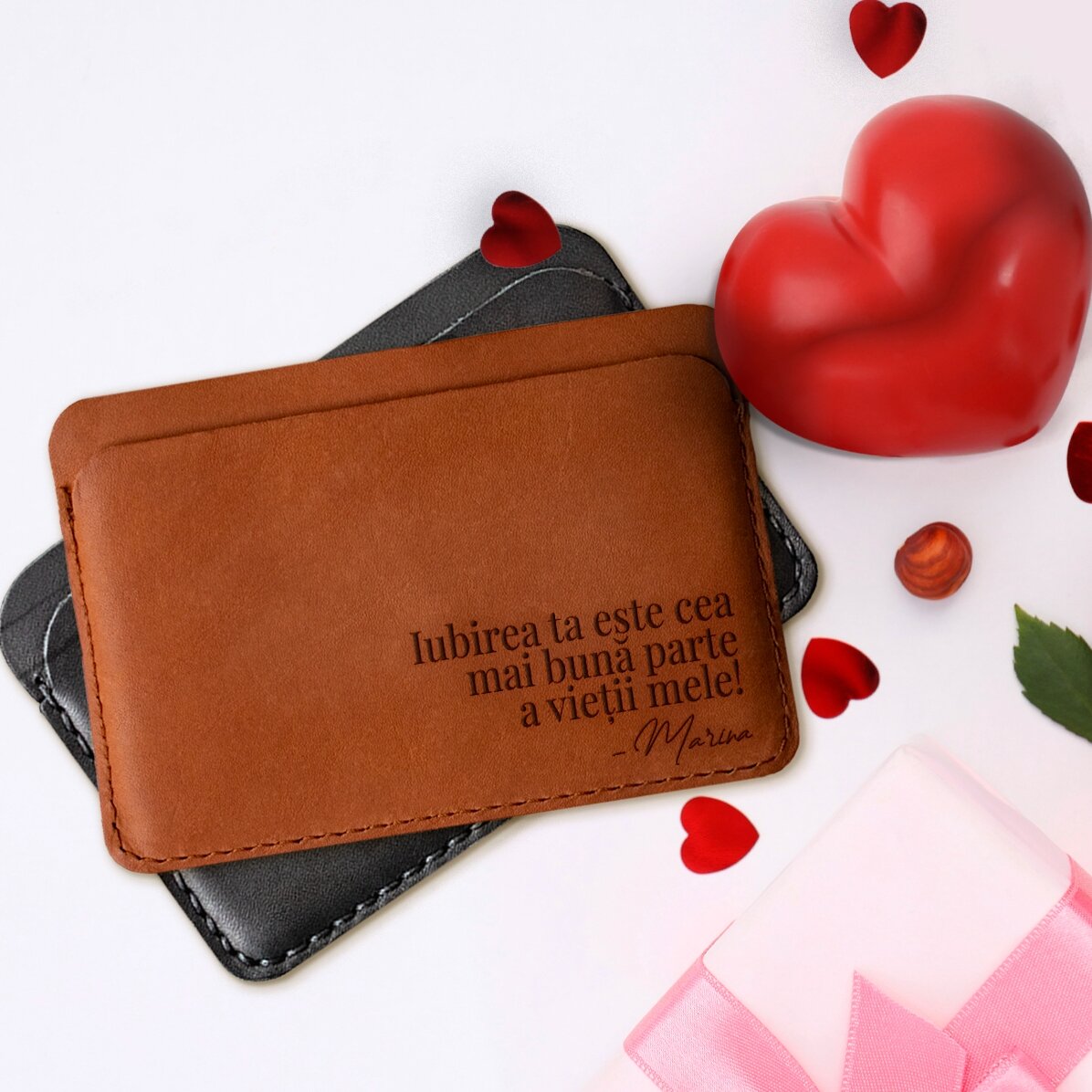 Personalisierte Lederbrieftasche mit Botschaft und Unterschrift – Deine Liebe