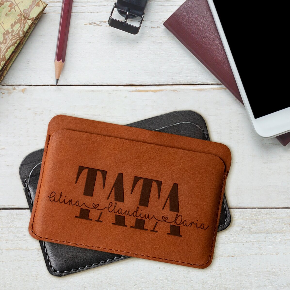 Personalisierte Lederbrieftasche mit den Namen der Kinder – TATA