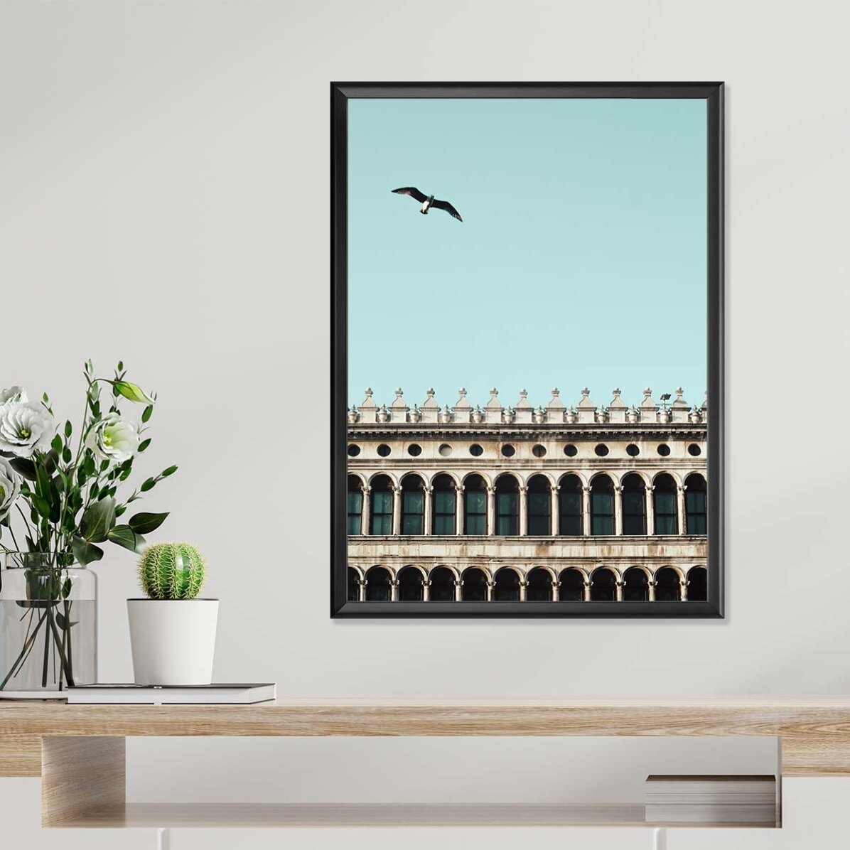 Poster mit Vogel und Gebäude