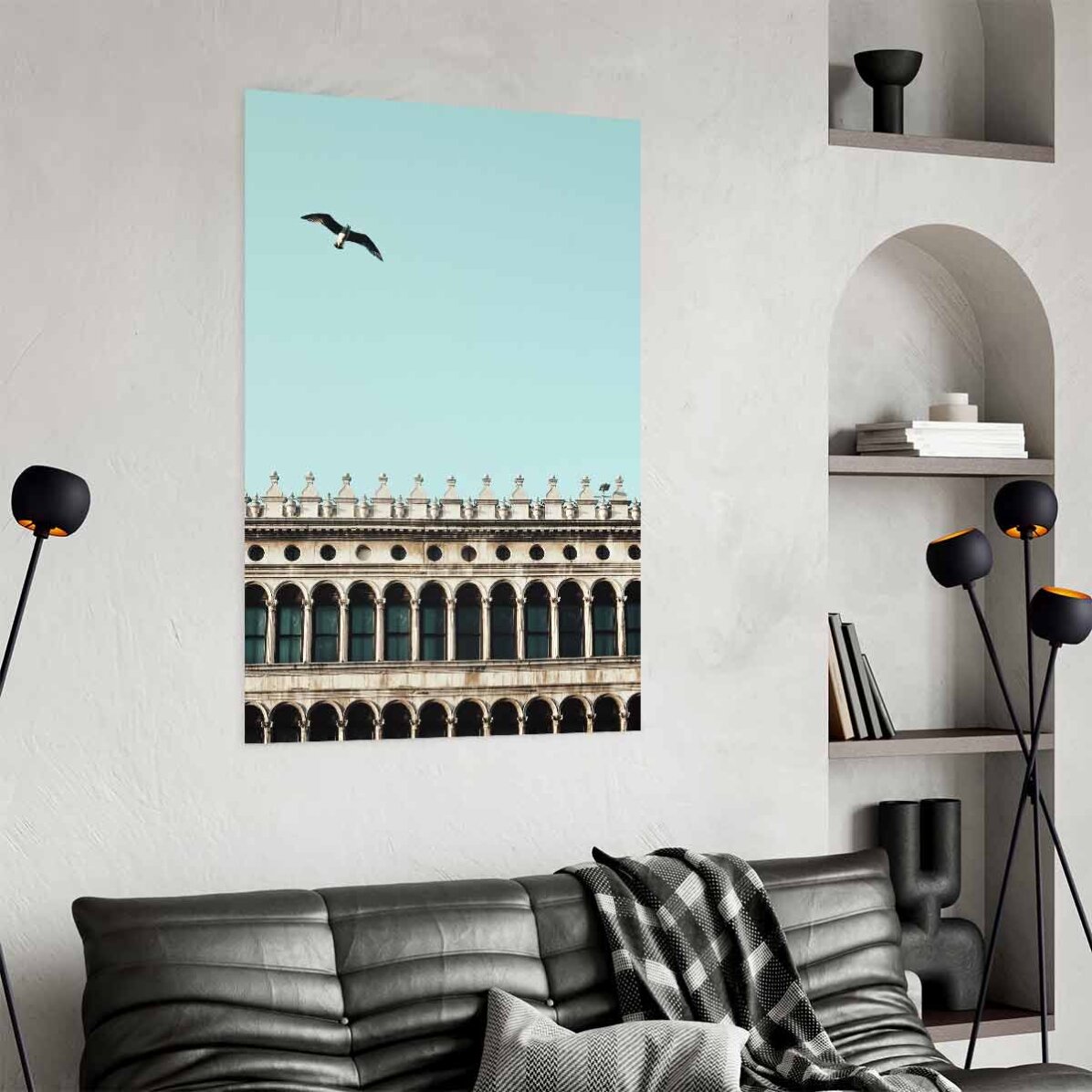 Poster mit Vogel und Gebäude