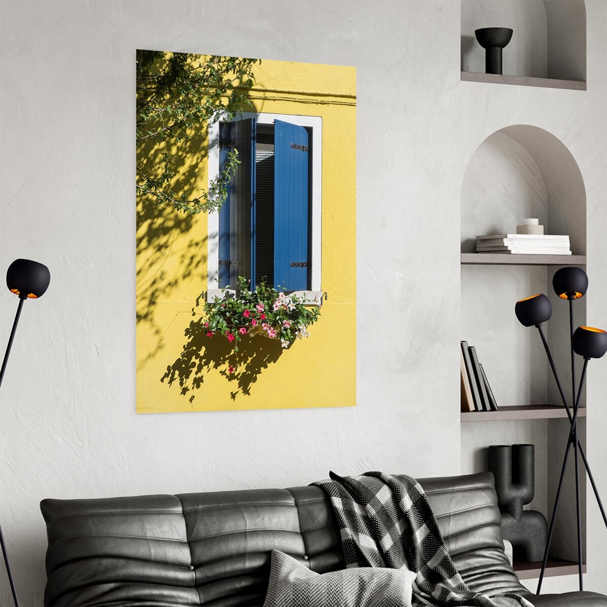 Poster „Das blaue Fenster mit Blumen“