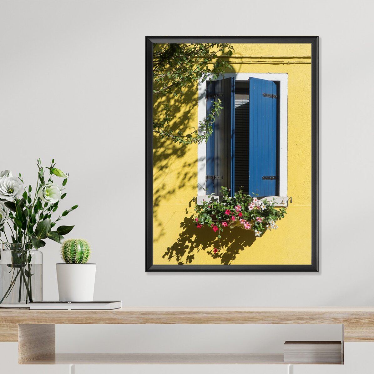 Poster „Das blaue Fenster mit Blumen“