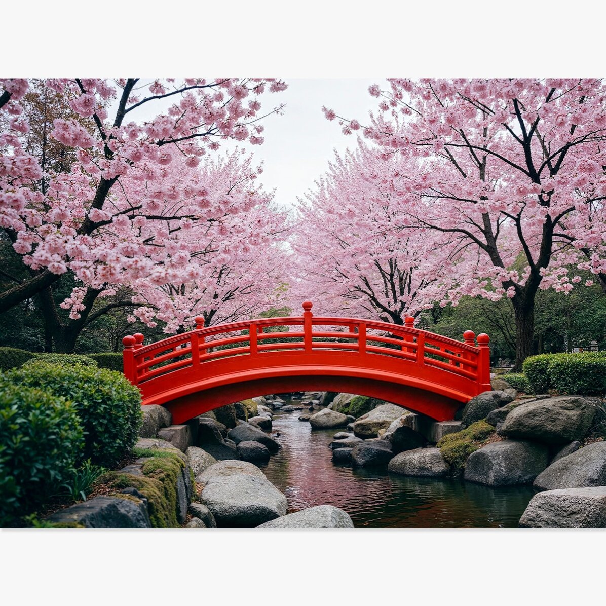 Poster „Japanischer Garten – Blühende Kirschbäume“