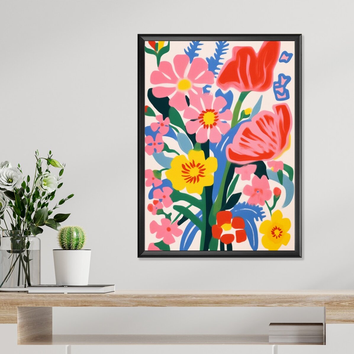 Poster mit einer Illustration von bunten Blumen, gezeichnet 1