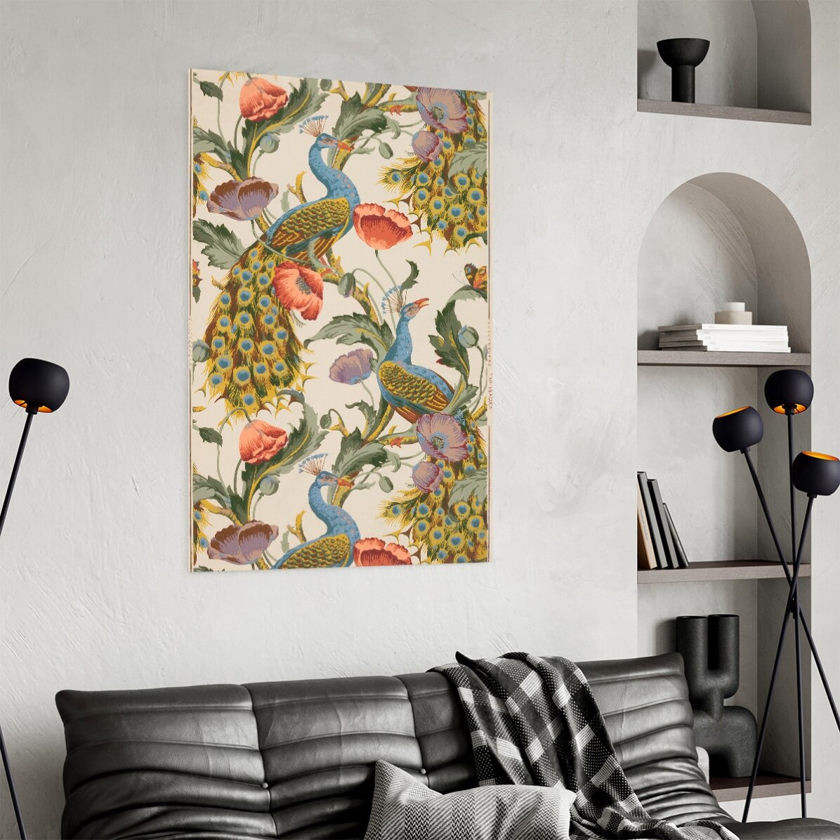 Vintage-Poster mit Pfauen und Mohnblumen