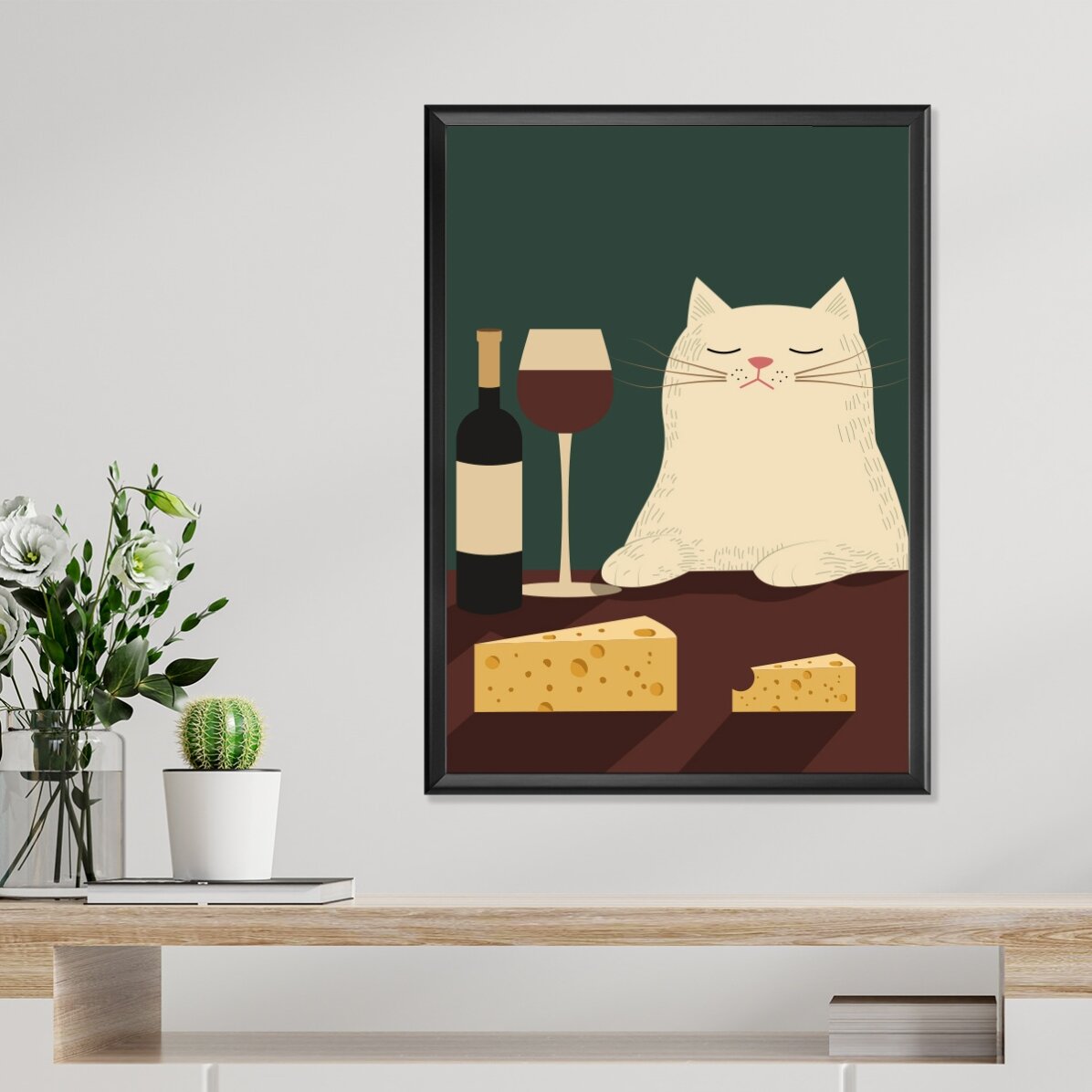 Poster: Katze, Wein und Käse