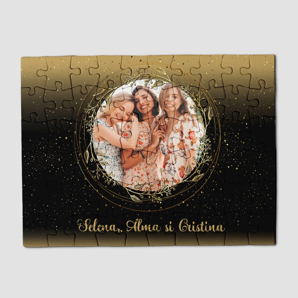 Personalisiertes Puzzle mit Foto und Text, 20 x 15 cm – Goldrahmen