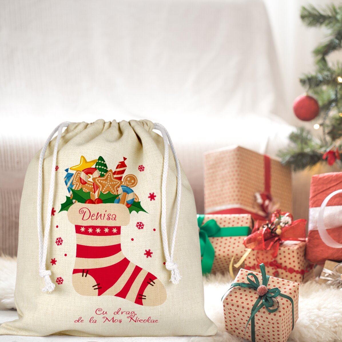 Mittlerer Geschenksack, individuell mit Text bedruckt – Die magische Socke