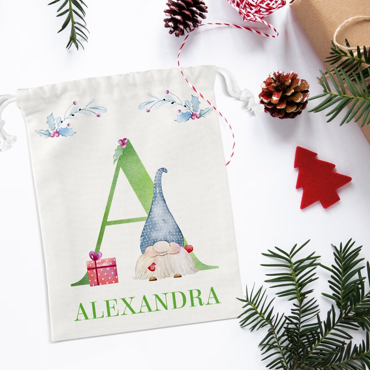 Kleiner Geschenksack, personalisiert mit Initiale und Namen