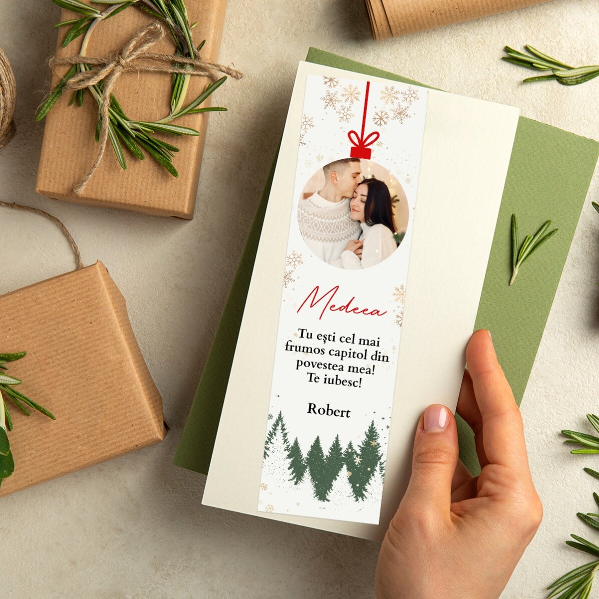 Personalisiertes Lesezeichen mit Text und Foto – Weihnachtskugel