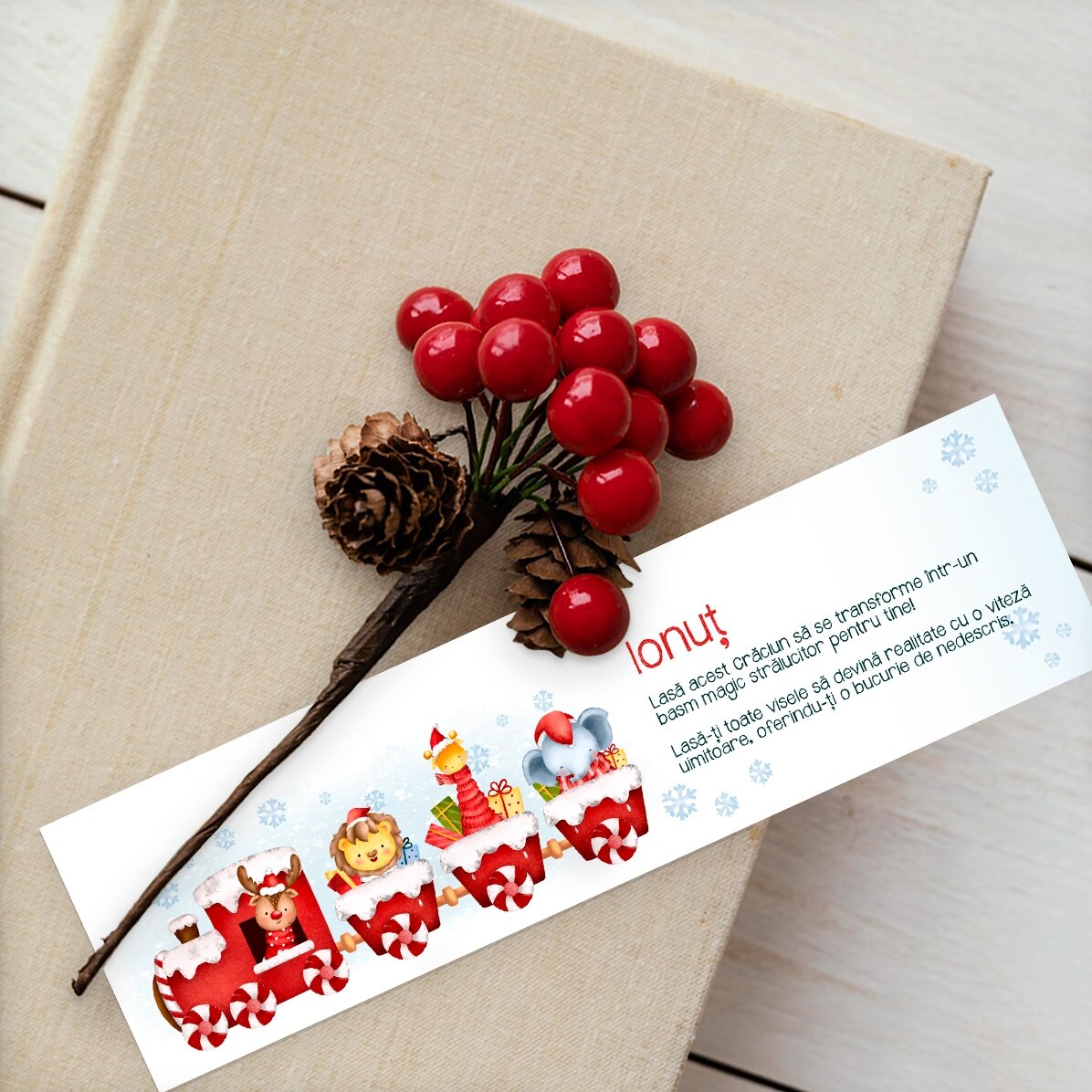 Personalisiertes Lesezeichen mit Text – Weihnachtszug