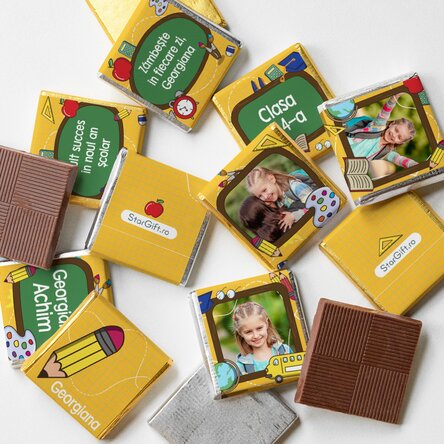 Set mit 10 personalisierten Mini-Pralinen mit Fotos und Text zum Schuljahresbeginn