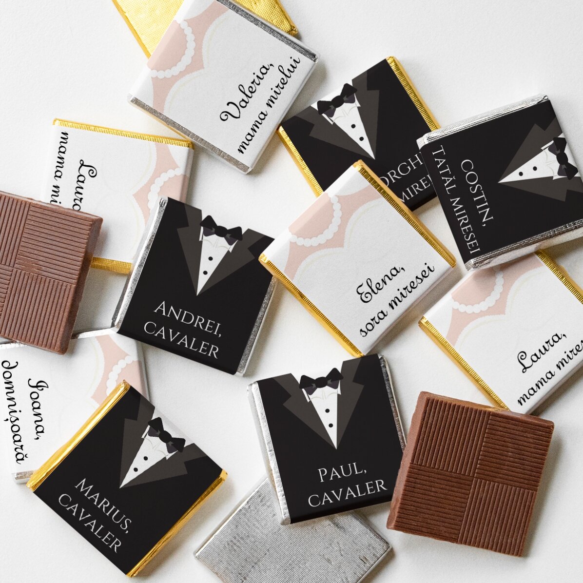 Set mit 10 personalisierten Mini-Pralinen mit Schriftzug – Mr and Mrs
