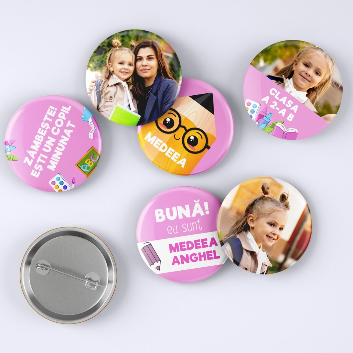 Set mit 6 personalisierten Ansteckern mit Fotos und Botschaft – Back to School