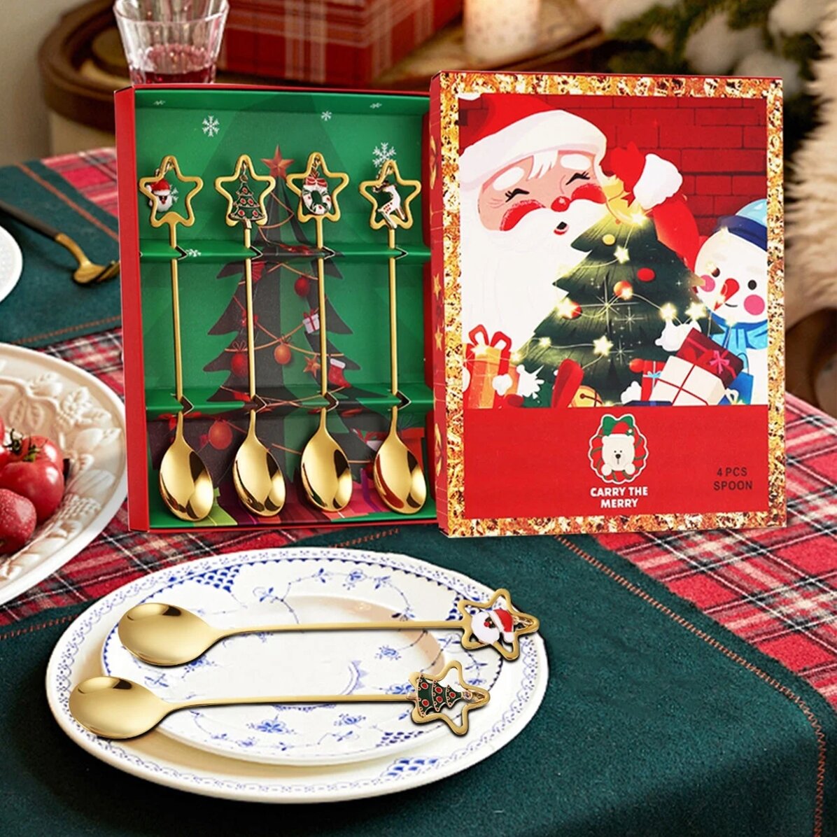Geschenkset mit 4 goldenen Weihnachtslöffeln