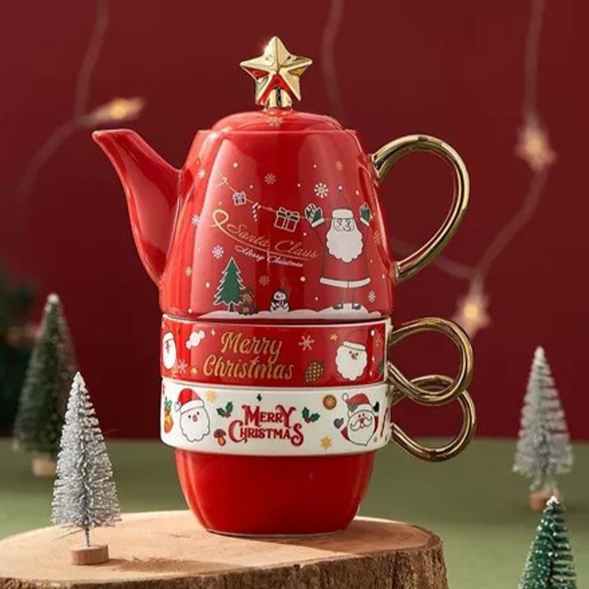 Weihnachts-Geschenkset mit 2 Tassen und einer Teekanne