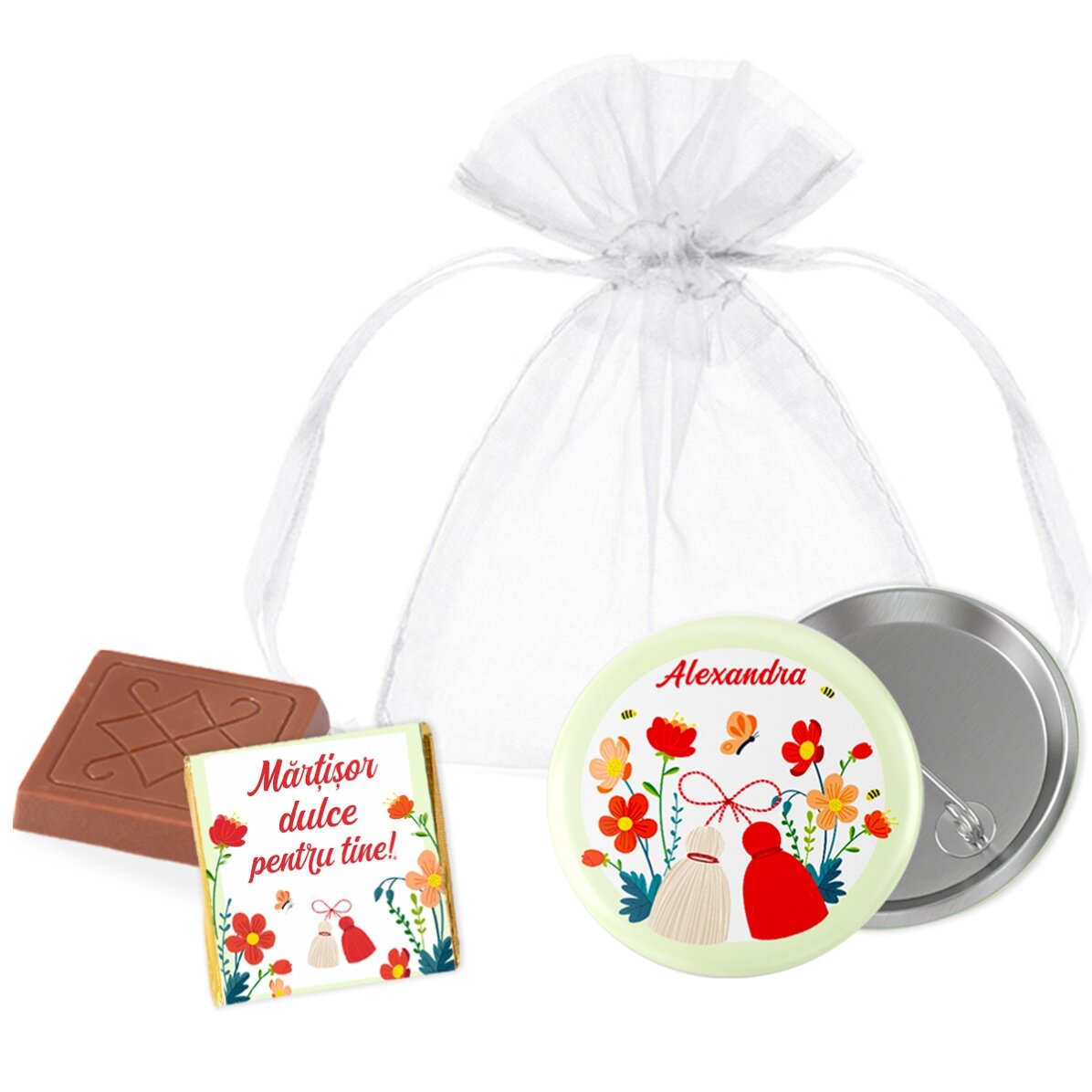 Martisor-Geschenkset mit Mini-Praline und personalisiertem Anstecker mit Namen